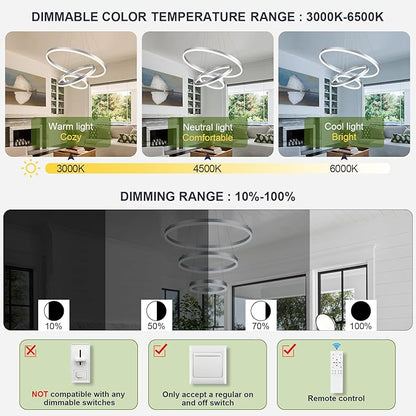 Benkut 3-Rings Modern LED Chandelier Silver Dimmable Pendant Lighting with Remote Control Circular Flush Mount High Ceiling Light for Dining Room Living Room Entrance Foyer, 3000K-6500K D23.6in