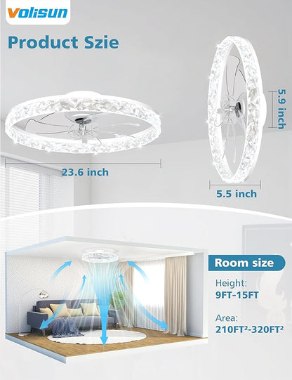 VOLISUN Low Profile Ceiling Fan with Lights and Remote, 24in Modern Ceiling Fans Flush Mount, 3000K-6500K Dimmable Bladeless LED Fan Light, White Fandelier Ceiling Fans with Lights for Bedroom