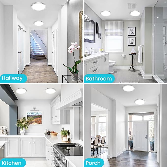 libtit 7 Inch Nickel Brushed Flush Mount Ceiling Light, 15W Ceiling Light Fixture,3000K/4000K/6500K Color Selectable,Ultra-Thin Round Ceiling Lighting Fixture for Bedroom Kitchen Pantry, 4 Pack