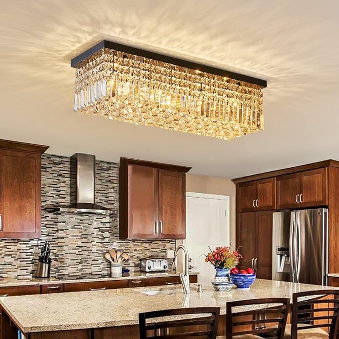 Saint Mossi 22010 5-Lights Modern K9 Crystal Chandelier, Island Design, Flush Mount Ceiling Light, H9 x W10 x L31, Clear Crystal & Pearl Black Finish