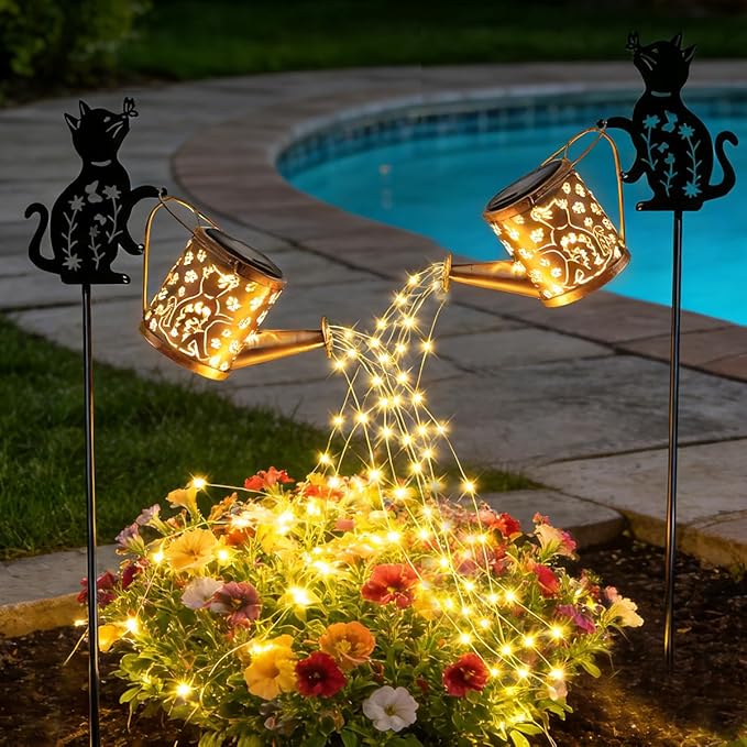 Solar Watering Can with Lights, Featuring Metal Cat Silhouette Garden Ornament Festive Gift for Women, Waterproof Outdoor Decor for Backyard Paths and Lawn(1 Pc Cat Watering Can Light)