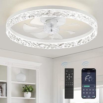 LEDIARY 20" Modern Ceiling Fans with Lights and Remote, Dimmable Low Profile Ceiling Fan, Flush Mount Ceiling Fan, Stepless Color Temperature Change and 6 Speeds - White