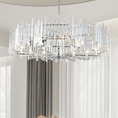 Modern Crystal Chandelier Chrome, 39.4" Large Round Dining Room Chandelier Luxury Top K9 Hanging Pendant Light Fixture for Living Room Bedroom Entryway
