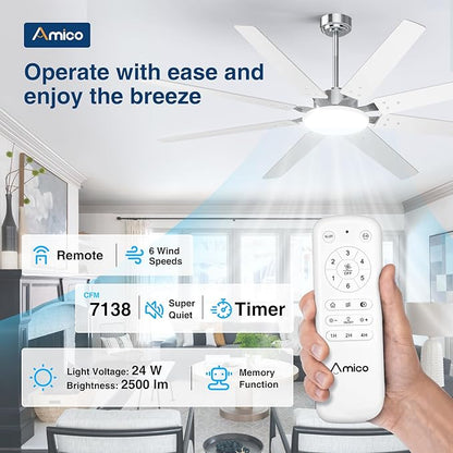 Amico 72 inch Brushed Nickel Ceiling Fan with Light, Large Modern Ceiling Fans with Remote, Reversible DC Motor, Dimmable 3CCT LED, Quiet Indoor/Outdoor for Living Room, Bedroom, Patio