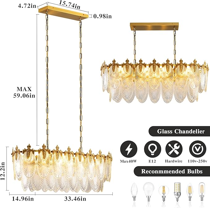 KELUOLY Rectangular Crystal Glass Dining Room Chandelier, 8 Light Gold Chandeliers Lighting Fixture, L33.5'' Height Adjustable Oval Ceiling Pendant Light for Office Coffee Over Table Kitchen Island