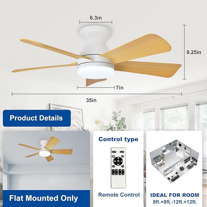 35-Inch Ceiling Fans with Lights: Wood Low Profile Ceiling Fan with Light and Remote Control - Reversible Flush Mount Fans - 3CCT Dimmable Small Ceiling Fan for Bedroom Indoor/Outdoor Use