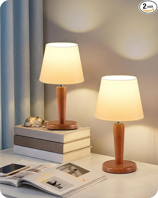 12" Wood Bedside Table Lamps Set of 2, Small Desk Lamps for Small Places, 3 Color Temperatures with Memory, White Linen Shade & E26 Bulbs, for Bedroom Living Room Office LW13TLP205