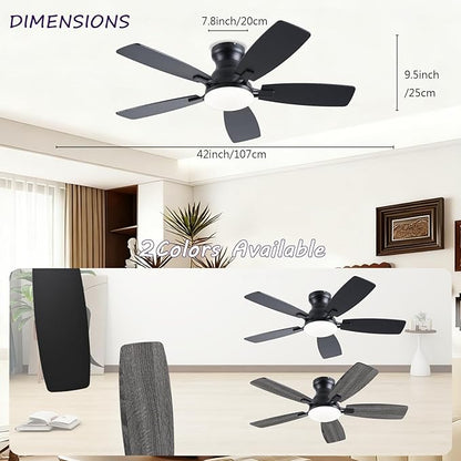 NKPU Ceiling Fans with Lights, Low Profile Ceiling Fan with Light and Remote/APP Control, DC Motor, Noiseless, Flush Mount, 42inch Black Ceiling Fan for Bedroom Indoor/Outdoor Use