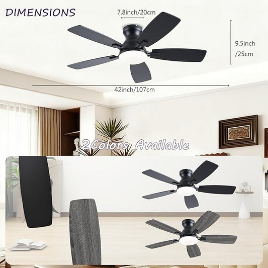 NKPU Ceiling Fans with Lights, Low Profile Ceiling Fan with Light and Remote/APP Control, DC Motor, Noiseless, Flush Mount, 42inch Black Ceiling Fan for Bedroom Indoor/Outdoor Use