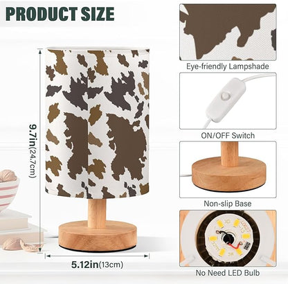 Bedside Table Lamp Cow Print Nightstand Lamp with Wood Brown Animals Skin Desk Lamps for Bedroom Living Room Nursery Office Home Decor