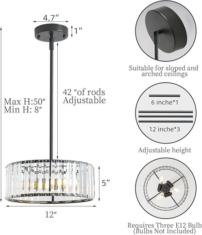 Black Crystal Chandelier for Dining Room,Modern Semi Flush Mount Ceiling Light Fixtures,3-Ligh Round Kitchen Hanging Drum Pendant Light Fixture for Hallway Entryway Foyer Laundry Room, 12''