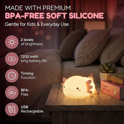 Cute Axolotl Night Light for Kids, Silicone Baby Nursery Night Light, Rechargeable Touch Lamp with Timer & Dimmable Warm Light for Bedroom Decor, Cute Animal Lamp