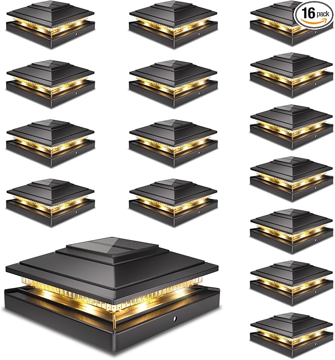 Solar Post Cap Lights Outdoor 16pack, Waterproof Fence Post Lights for 4x4 5x5 6x6 Wood/Vinyl Posts, Black Solar Deck Post Lights with 2 Color Modes Decorate Garden Patio Porch Backyard