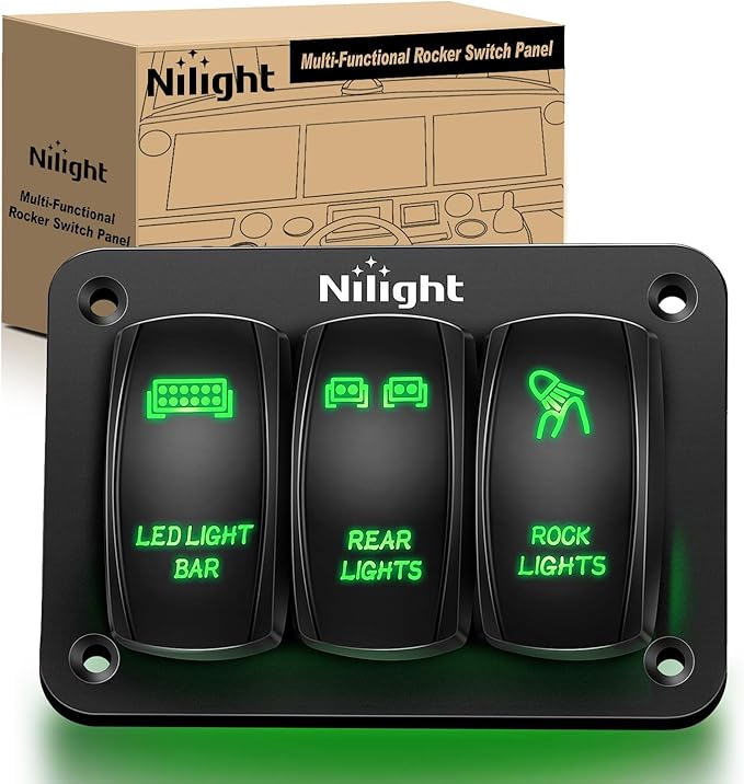 Nilight 3 Gang Rocker Switch Panel Aluminum 5 Pin ON Off Toggle LED Light Bar SPST 12V-24V Green Switches for Marine Boats,Cars,ATVs,UTVs