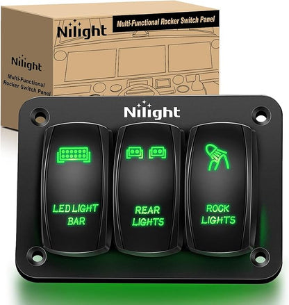 Nilight 3 Gang Rocker Switch Panel Aluminum 5 Pin ON Off Toggle LED Light Bar SPST 12V-24V Green Switches for Marine Boats,Cars,ATVs,UTVs