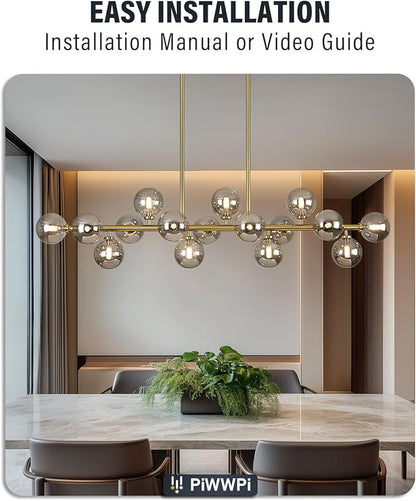 55" Long Brass Gold Chandeliers for Dining Room Kitchen Island, Large Globe Sputnik Linear Chandelier, 16 Lights Mid Century Modern Light Fixture Over Table, Smoke Grey Bubble, GC-08