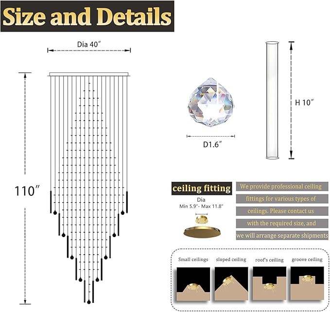 Flashing God D40 x H110 Gold Raindrop Crystal Chandelier LED Dimmable Contemporary Chandelier Large Pendant Light for Entryway Stairway Foyer