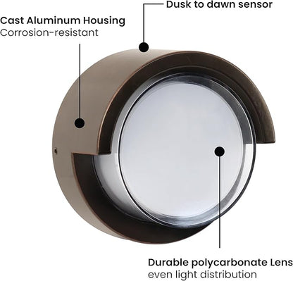 Feit Electric Outdoor LED Wall Sconce, Round Wall Mount Light Fixture, Dusk-to-Dawn, 5000K Daylight, Hardwired, Bronze Finish, Polycarbonate Lens, 50,000-Hour Lifetime, S5RWM/850/DD/BZ