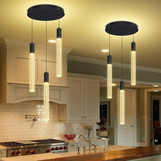3-Lights Pendant Lights Modern LED Kitchen Island Chandelier Remote Dimmable Bubble Crystal Pendant Light Black Corner Fixture for Dining Room Living Room Foyer