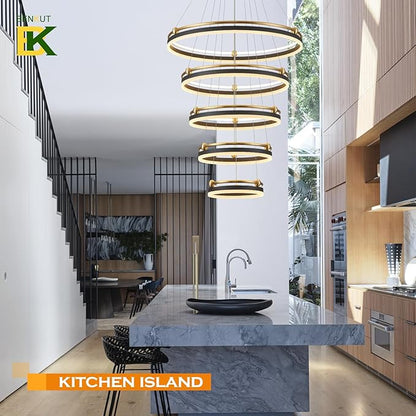 Benkut 5-Rings Modern LED Chandelier Black Gold Dimmable Large High Ceiling Chandeliers Foyer, Remote Pendant Lighting for Foyer Entryway Dining Room Living Room Staircase(10-Ring Lighting, D30in)