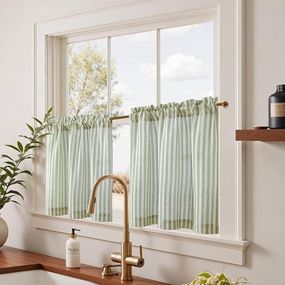 jinchan Striped Linen Kitchen Curtains 24 Inches Length Tier Curtains Farmhouse Modern Cafe Style Small Window Treatments Airy Light Filtering Rod Pocket for Living Room Bathroom 2 Panels Sage Green