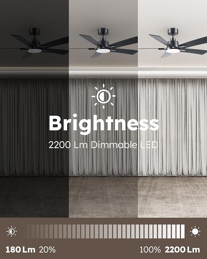 46 Inch Ceiling Fans with Lights and Remote, Black Ceiling Fan, Downrod Style with 5 Blades, Modern Design For Indoor Bedroom Living Room/Outdoor, 6 Speed Reversible DC Motor, 3CCT Dimmable LED