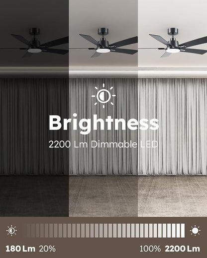 46 Inch Ceiling Fans with Lights and Remote, Black Ceiling Fan, Downrod Style with 5 Blades, Modern Design For Indoor Bedroom Living Room/Outdoor, 6 Speed Reversible DC Motor, 3CCT Dimmable LED