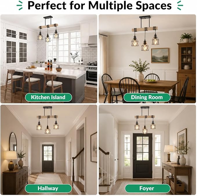 3 Light Farmhouse Ceiling Light,Pendant Light Kitchen Island,Dining Room Chandelier Light Fixture Over Table,Rustic Hanging Light for Kithen,Dining Room,Real Wood,Black Metal Cage