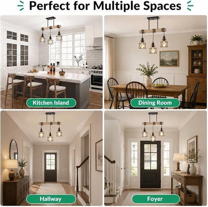 3 Light Farmhouse Ceiling Light,Pendant Light Kitchen Island,Dining Room Chandelier Light Fixture Over Table,Rustic Hanging Light for Kithen,Dining Room,Real Wood,Black Metal Cage