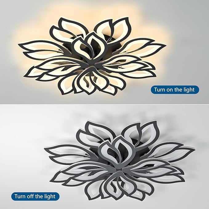 Modern Black Flower Ceiling Light Fixture, 30 Inch Dimmable Flush Mount with 12 Leaves, Low Profile for Living Room, Dining Room, Bedroom