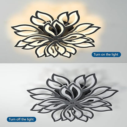 Modern Black Flower Ceiling Light Fixture, 30 Inch Dimmable Flush Mount with 12 Leaves, Low Profile for Living Room, Dining Room, Bedroom