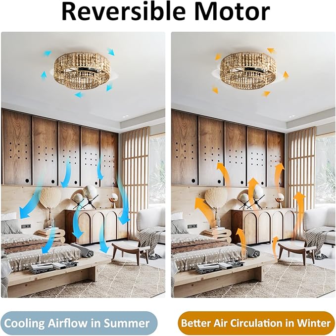 ainqiant Boho Caged Ceiling Fans with Lights, 20 Inch Rustic Wood Beaded Ceiling Fan with Light Remote Control,Coastal Flush Mount 6 Speeds for Bedroom, Nursery