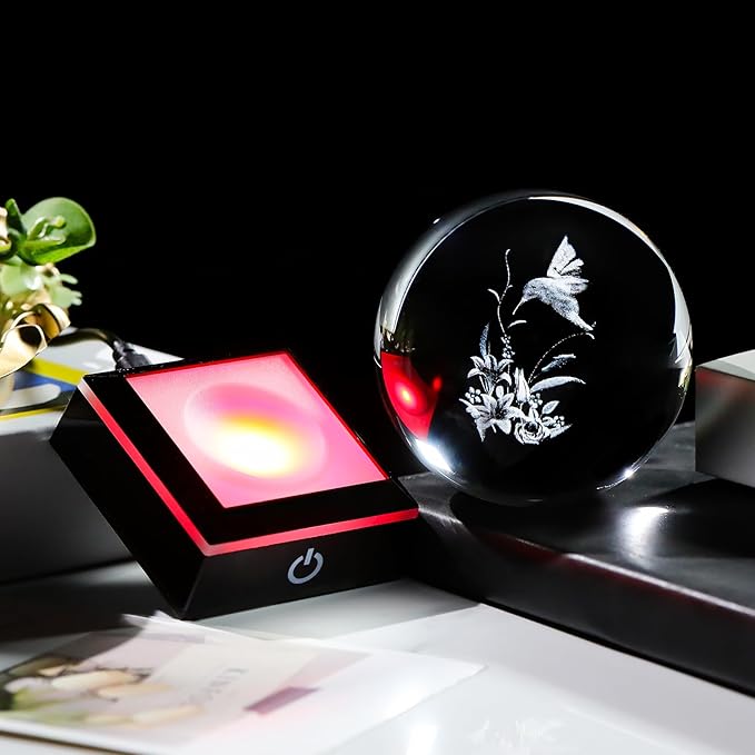 Arikyrist 3D Hummingbird Crystal Ball Gifts for Women Men on Christmas Birthday, Laser Engraved Hummingbird Figurine with Light Base, Hummingbird Globe Glass Decorative Ball for Home Office (80mm)
