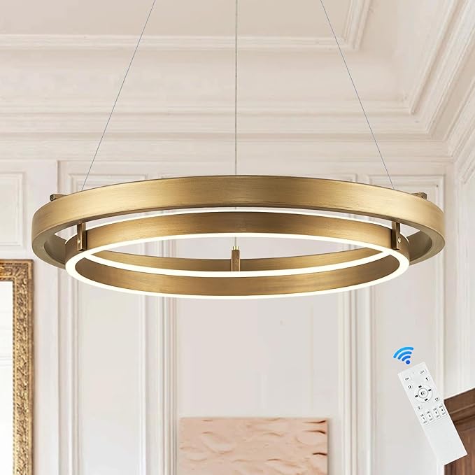 LED 2 Ring Brass Gold Chandelier Dimmable Up Down Light Chandelier Modern Round Chandeliers Light Circular Chandeliers for Foyer Dining Room Entry Bedroom Office Living Room