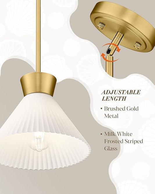 Modern Pendant Light Fixture, HWH White and Gold Kitchen Island Lights 11 Inch, 1-Light Hanging Lighting for Dinning Room Schoolhouse, Frosted Striped Glass Shade, 5HZG98MIL BG