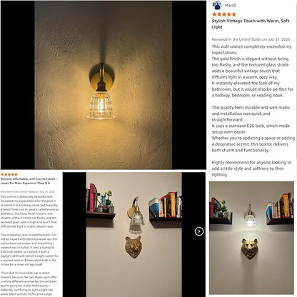 Gold Wall Sconces, Modern Brushed Golld Sconce Wall Lighting, Vintage Glass Light Fixtures, Indoor Wall Lamps for Bathroom Vanity Mirror Living Room Bedroom Kitchen Hallway Stairway E26 Hardwire