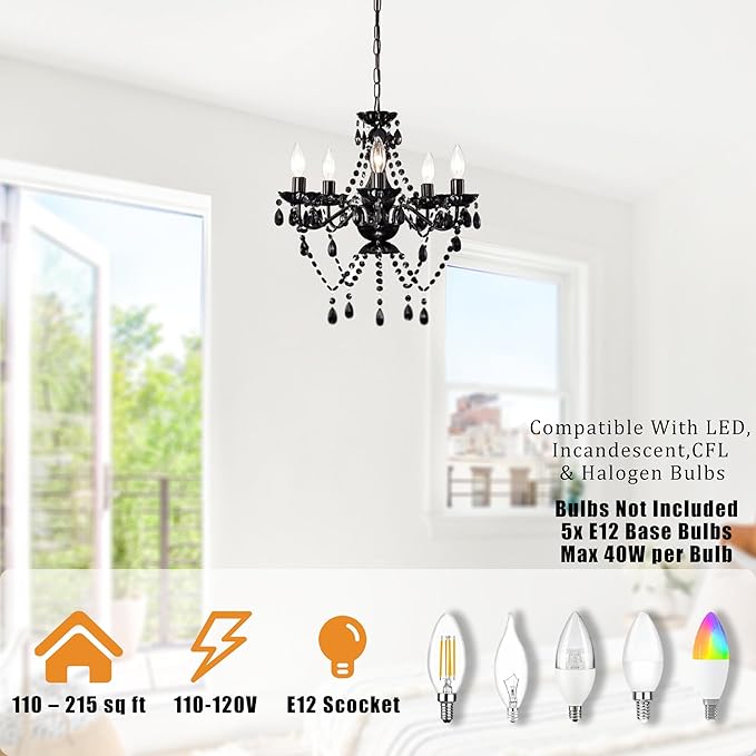 Black Small Crystal Chandelier, 5-Light Acrylic Chandelier Lighting Fixture for Bedroom, Closet, Dining Room, Entryway Ceiling Light