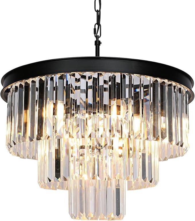 Weesalife Crystal Chandeliers for Dining Room Lights Fixtures, 9 Lights Black Modern Chandeliers for Bedroom, 3-Tier Round Crystal Lighting Fixtures for Living Room Entryway Kitchen Island D20 Inch