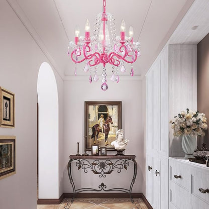 Small Crystal Chandelier, Modern Pink Chandeliers for Dining Room Light Fixture, Mini Crystal Pendant Light Bedroom for Ceiling Light Fixture for Living Room Entryway Kitchen Island Hallway