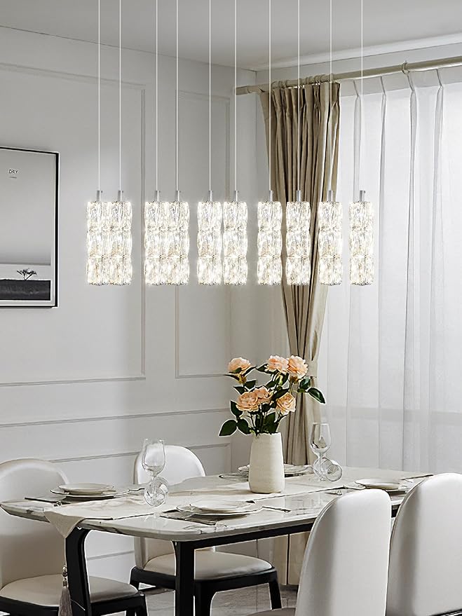 ykolupty Modern Crystal Chandelier 10-Lights Rectangle Pendant Light LED Dimmable Silver Linear Chandelier Flush Mount Crystal Pendant Light for Living Room Dining Room Foyer