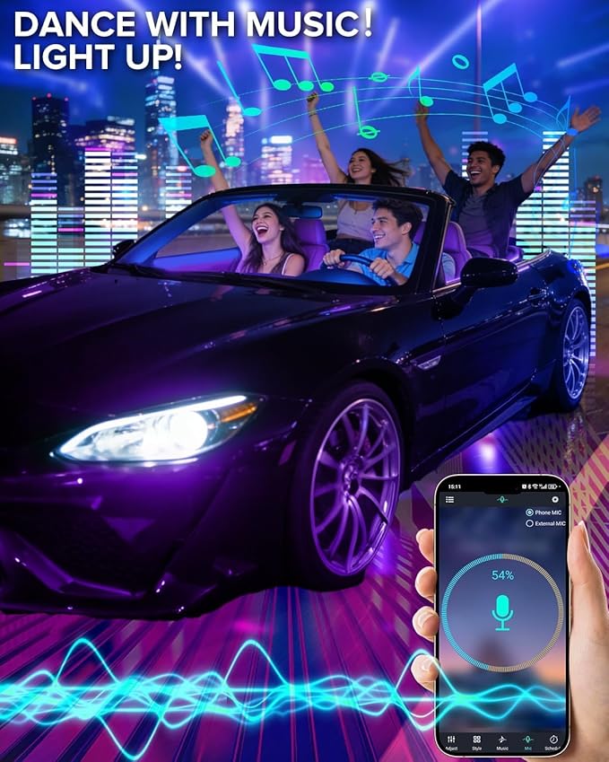 Car Interior LED Strip Lights with Smart App & Remote Control, Music Sync Under Dash Footwell Ambient Lighting Kit, 12V Cigarette Lighter Powered Internal Decor Lights for Cars, Trucks, SUVs