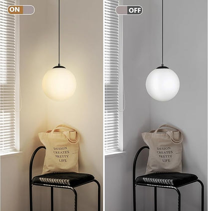 Plug in Globe Pendant Light, 10" Mid Century Modern Hanging Lamp with Switch, Black Globe Chandelier with Milk Glass for Bedroom Bedside, Couch Side, Coffee Corner, Entryway and Small Bar