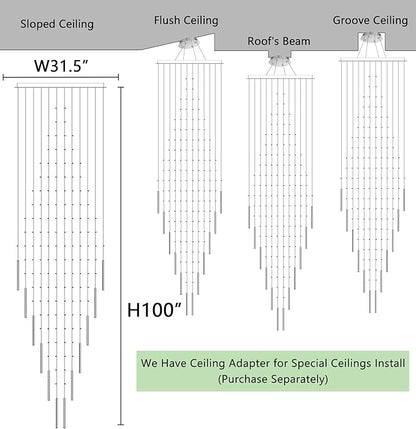 HAIXIANG W32 x H100 Glam Chandelier with LED Bulbs Crystal Raindrop High Ceiling Pendant Light for Entrance Large Villa Chandelier Foyer Lighting Fixtures Gold