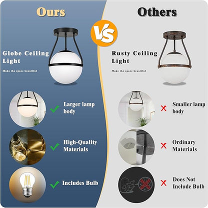 Bagood Globe Semi Flush Mount Ceiling Light Mid Century Modern 6" Globe Ceiling Light Fixture with Milk Glass Shade Black Finish for Living Room Hallway Kitchen Island Dining Room Laundry (Bulb Incl.)