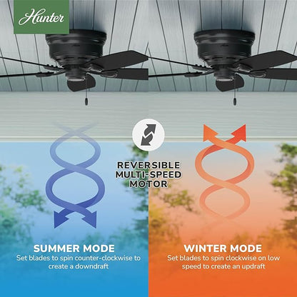 Hunter 48 inch Outdoor or Indoor Ceiling Fan No Light - Low Profile Flush Mount, Black Ceiling Fan without Light, For Patio, Porch, Garage, or Living Room, 5 Blades - Sea Wind 53118, Matte Black