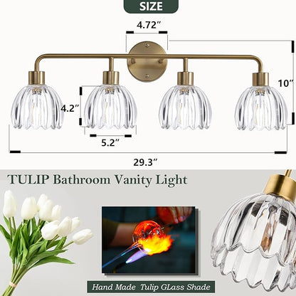 4-Light Gold Brass Bathroom Light Fixture with Clear Tulip Glass Shade,Wall Sconces,Vintage Vanlity Light Over Mirror,Bathroom Wall Light,E26 Socket(Bulbs Not Included) ASIN B0FVG