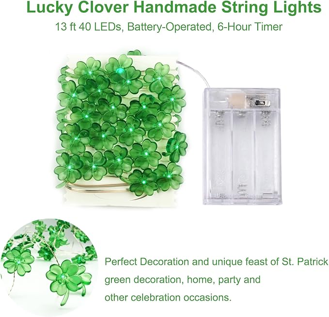 BOHON St Patricks Day Decorations Shamrocks String Lights Battery Operated 13 ft 40 LEDs Lucky Clover Green Lights for St Patrick's Day Accessories Office The Home Saint St. Patrick's Day Decor