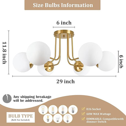 KoKo&Yukina 6-Light Mid Century Ceiling Light Modern Semi Flush Mount Ceiling Light Fixture Globe Ceiling Light with Milk Glass Shade Brushed Brass Finish for Bedroom Hallway Dining Room Living Room
