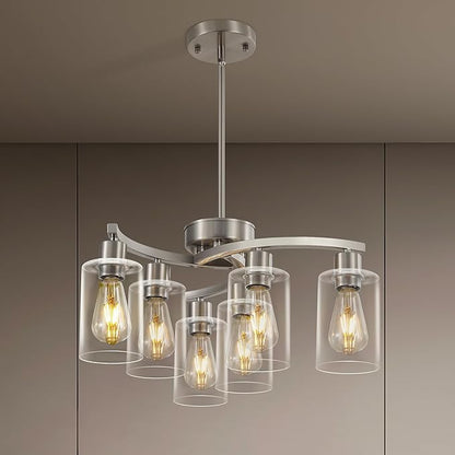 6 Light Modern Brushed Nickel Pendant Light Fixture for Dining Room，Kitchen Pendant Lighting Over Island，Adjustable Height Farmhouse Dining Chandeliers Over Table，with Glass Shade