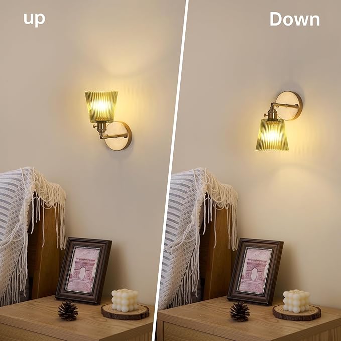 Shenmoyl Vintage Wall Sconces Set of 2 with Green Stripe Glass Lampshade 180 Degree Adjustable Brass Sconces Hradwired Modern Wall Lighting Fixture with Switch for Bedside Bedroom Doorway